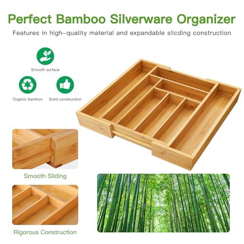 Pipishell Bamboo Expandable Silverware Drawer Organizer, Adjustable Kitchen Utensil Tray for Forks, Spoons and Knives, Wood Storage Cutlery Holder for Bedroom and Living Room
