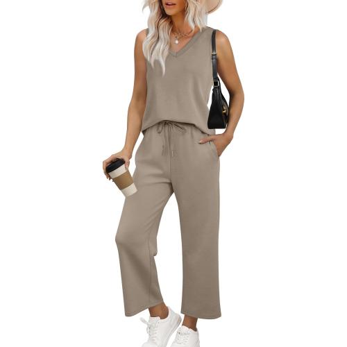 Size M Two Piece Set for Women Summer Outfits Vacation Trendy Lounge Sets V Neck Matching Sets