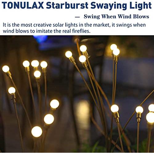 TONULAX Solar Garden Lights - Upgraded Solar Swaying Light, Sway by Wind, Outdoor Lights, Yard Patio Pathway Decoration, High Flexibility Iron Wire & Heavy Bulb Base, Warm White (4 Pack)