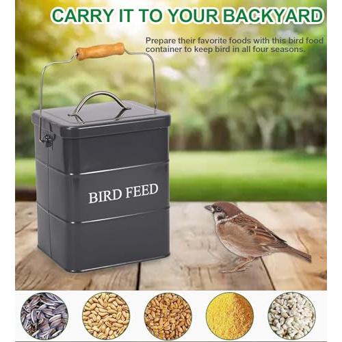 Bird Seed Storage Container Airtight,5~6LB Metal Bird Food Container with Scoop,Wild Birds Feed Tin for Storing Sunflower Seed-Ideal for Outdoor or Indoor-Squirrel proof-Gray