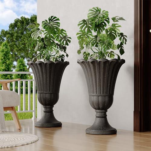 24 Tall Urn Planters Set of 2, Black Outdoor Planter for Porch | HDPE Resin Weather-Resistant Large Planters with Drainage Holes, Lightweight Vintage Petal Design for Patio, Porch, Garden