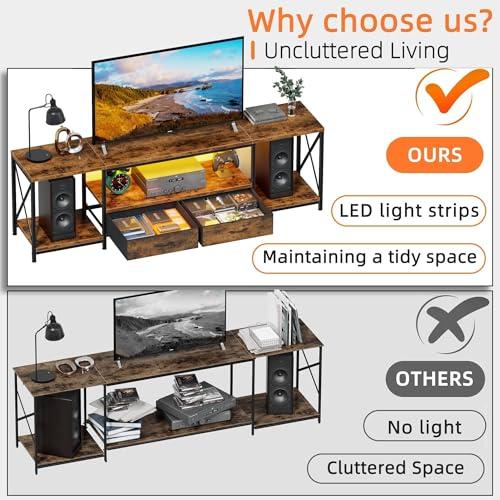 LED TV Stand for 75 70 Inch TV with Fabric Drawers LED Entertainment Center Television Stands with Storage Shelves for Living Room, Bedroom, TV Console Table 63 Rustic Brown
