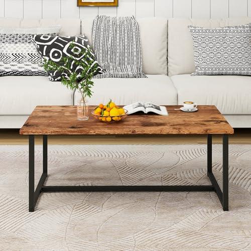 Coffee Table Rectangular Center Table for Living Room Open Space Side Table with Metal Frame, Easy Assembly, Black  Rustic Brown Wood Coffee Table