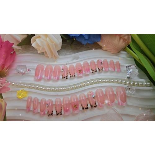 24Pcs 3D French Tip Press on Nails Long Square Flower Fake Nails with Rhinestones Design Pink False Nails Leopard Coffin Tip Stick on Nail Spring Summer Acrylic Nail Floral Glue on Nails for Women