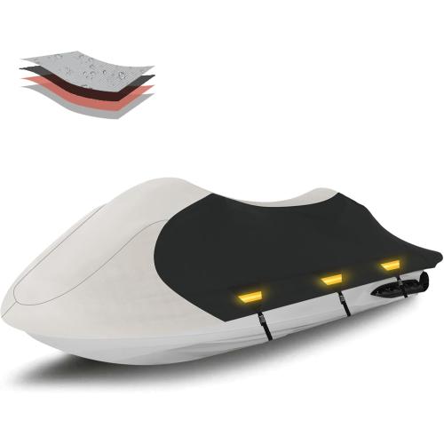 Grey and Black Solim Trailerable Jet Ski Cover, 1200D PU Oxford Waterproof Jetski Cover, Heavy Duty Marine Grade Polyester PWC Cover with Reflective Air Vent & Strap for Yamaha Sea-Doo Kawasaki 2-3 Seater