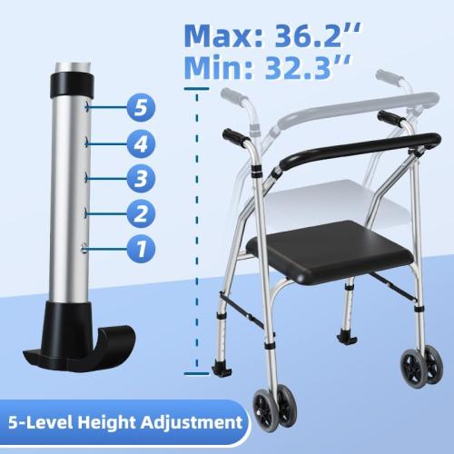 Walkers for Seniors, Standard Walker with Seat, Adjustable Two-Wheeled Walker with 5”Wheels, Lightweight, Supports 300lbs, Compact Travel Walker, Suitable for use in Car