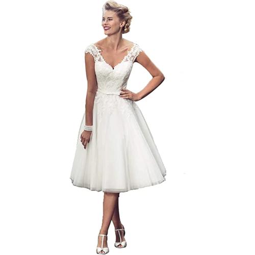 Size Small BestopBridge Short Lace Wedding Dresses Knee Length Travel Tulle Rhinestones V-Neck Lace Up Bride Gowns Vintage Dress