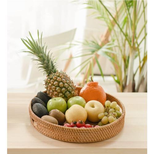 YANGQIHOME Rattan Round Serving Tray, Decorative Coffee Table Tray, Hand Woven Serving Basket with Handles, Ottoman Wicker Fruit/Bread Serving Basket, 13.8 inch