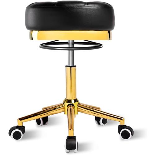Heavy Duty Gold Rolling Stool - 400 lbs weight capacity,Thickened version cushion,360°adjustable stool with wheels,PU leather with gold rings,swivel stool suitable for hairdressers,bedrooms,spa