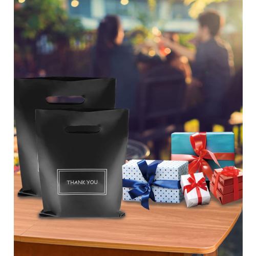 MelonArt Thank You Bags for Small Business, 200pcs Black Plastic Retail Bags Merchandise Bags with Handles Bulk Large Reusable Shopping Boutique Bags 8x12 and 12x15 for Stores Clothes Supplies(Black)