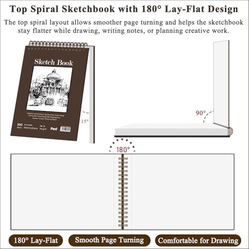 Fuxi 9 x 12 Sketch Book_Top Spiral Bound Sketchbook_100Sheets 68lb/100gsm | Art Sketch Pads for Drawing, Acid-Free Drawing Paper Pad for Kids, Students, Artists & Beginners, Art Supplies for Adults