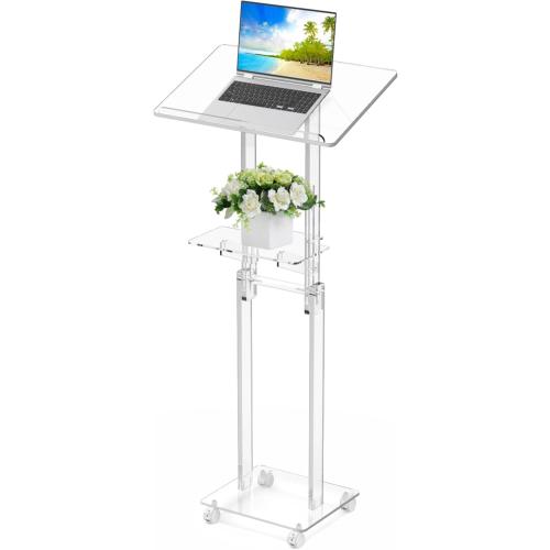 Acrylic Podium Stand Portable, Rolling Podium with Wheels, Clear Podium with Storage Shelf, Lockable Wheels, Adjustable Height pulpits for Churches, Classroom, Weddings, Speech