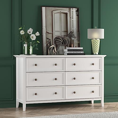 IKENO White 6 Drawer Dresser for Bedroom, Modern Solid Wood Large Storage Cabinet, Simple White Chest of Drawer for Bedroom Living Room Hallway Entryway