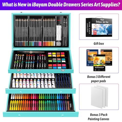 iBayam 195-Pack Deluxe Art Kit – Painting & Drawing Set for Adults | 195-pc all-in-one art set with acrylics, canvases, crayons & pads in a wooden case. Non-toxic & perfect for adult artists