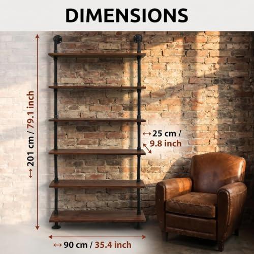 Industrial Pipe Bookshelf, 6 Layer Rustic Modern Wood Ladder Shelf with Metal Frame, Home Decor, Display Shelving, Retro Floating Shelving, 35.4x9.8x79in, 10-20lbs, Pine