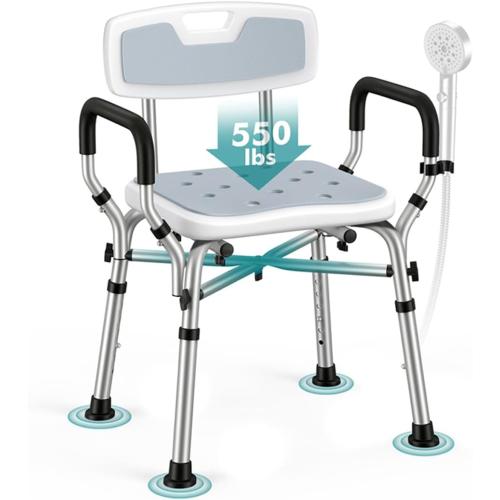VFAUOSIT Shower Chair for Elderly and Disabled, 550 lbs Shower Chair for Inside Shower with Arms and Back, FSA/HSA 6-Height Shower Seats for Adults with Shower Bag, Bath Chairs for Seniors Inside Tub