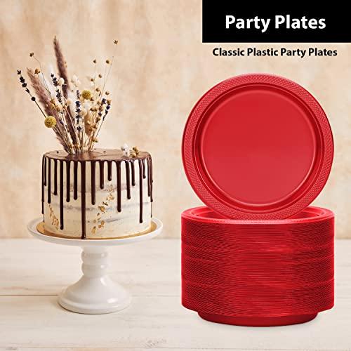Hanna K. Signature Collection Red Plastic Plates, 9‑Inch Round, 50 Count – Disposable Heavy‑Duty Dinner Party Plates for Weddings, BBQs & Birthdays