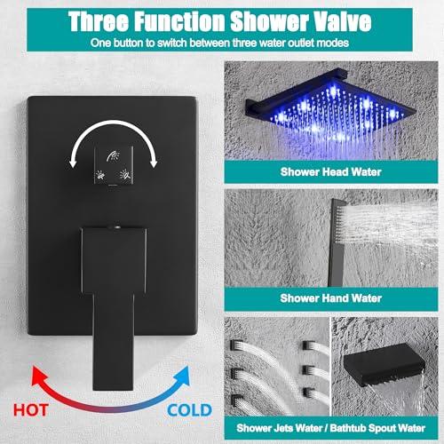 SKOWLL Shower Valve 3 Function Matte Black Wall Mount Shower Valve Kit Replacement 3 Way, Single-Handle Bathtub Water Control Valve Trim Rough in Valves Included