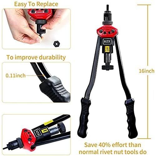 Size 16 RZX 16 Rivet NUT Tool Hand Blind Riveter,RIVNUT Riveting Tools with Nut Setting System M3 M4 M5,m6,m8,m10 M12, 10-24, 1/4-20, 5/16-18,3/8-16,1/2-13 Totally 12 mandrels