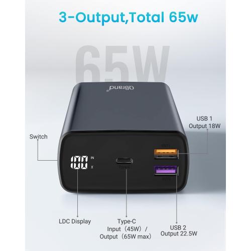 QBrand Portable Laptop Charger, 65W Laptop Power Bank 30000mAh QC 3.0 Portable Charger Power Bank Fast Charging, Dual USB C Battery Pack for MacBook, IPad, Dell, HP, Lenovo, iPhone, Samsung, Switch
