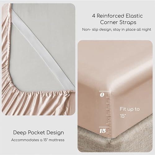 MR&HM Satin Bed Sheets, Full Size Sheets Set, 6 Pcs Silky Bedding Set with 15 Inches Deep Pocket for Mattress (Full, Champagne)