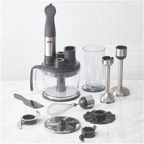 Dash Chef Series Deluxe Immersion Hand Blender Set, 5 Speed, 330W with Food Processor, Whisk, Masher & Dough Hook Attachments, Stainless Steel Blades for Soups, Sauces, Smoothies & Purées - Cool Grey