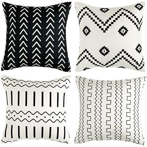 Set of 4 Size 18x18 Color Black and white Boho Pillow Covers,18x18 Pillow Covers Modern Throw Pillow Covers Black Geometric Mudcloth Linen Neutral Decorative Pillow Covers for Sofa Couch Chair