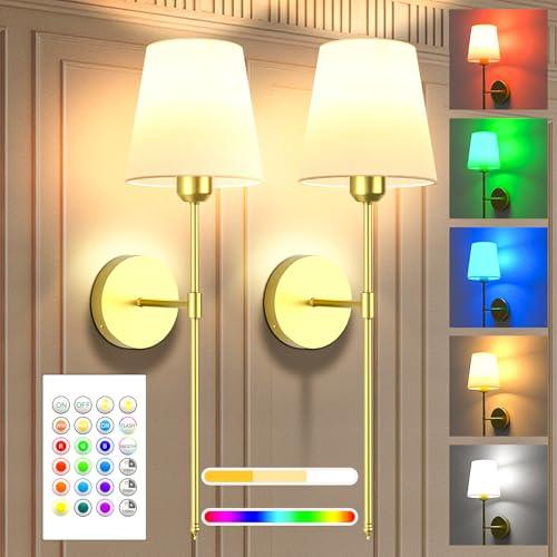 Gold 2 Pack Battery Operated Wall Sconce Set of 2 - Rechargeable Wireless Wall Lights with Remote, 6000mAh Dimmable Bulbs with 15 Colors, Wall Decor for Living Room, Bedroom, and Hallway (Gold)