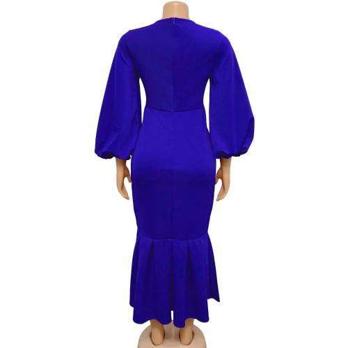 Women's 3XL Sexy V Neck Mermaid Fishtail Dress Elegant Lantern Long Sleeve Solid Color High Waist Bodycon Maxi Dress