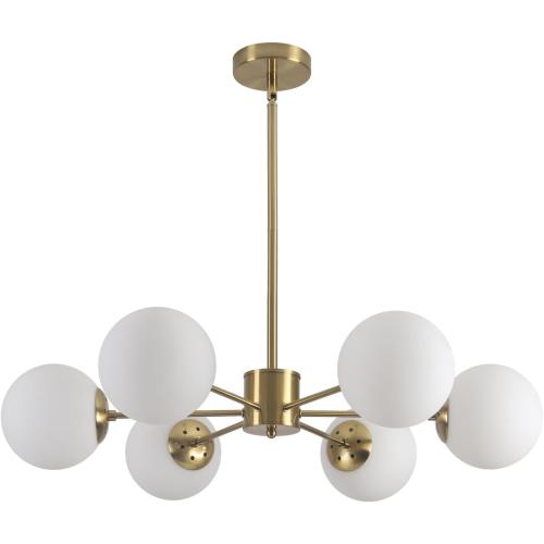 KCO 6-Light White Milk Glass Chandelier Brass Gold Sputnik Ceiling Light | E26 Bulb Included, Adjustable Height for Sloped Ceiling, Mid Century Modern Pendant Light for Dining Room Kitchen Living Room