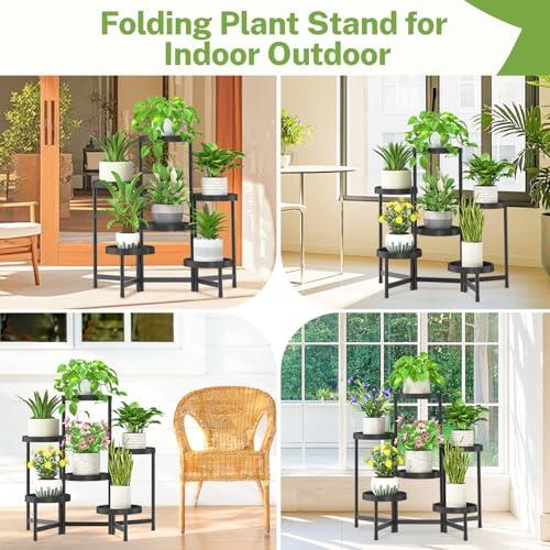 iDavosic.ly 6 Tier Folding Plant Stand Indoor Outdoor, Plastic Tray, Black
