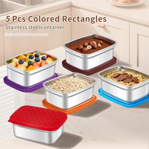 GIUOIDUO 5 Pack Heavy Duty Stainless Steel Food Containers - Extra Thick BPA-Free Storage Boxes with Leakproof Silicone Sealed Lids for Meal Prep