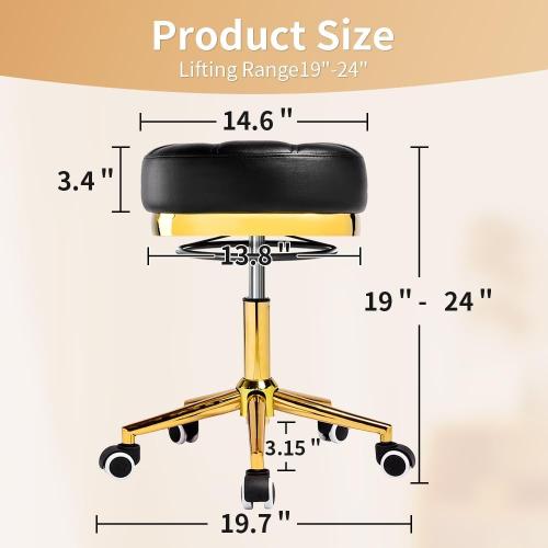 Heavy Duty Gold Rolling Stool - 400 lbs weight capacity,Thickened version cushion,360°adjustable stool with wheels,PU leather with gold rings,swivel stool suitable for hairdressers,bedrooms,spa