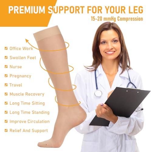 BSERA 2 Pairs Sheer Compression Socks for Women 15-20 mmHg Knee High