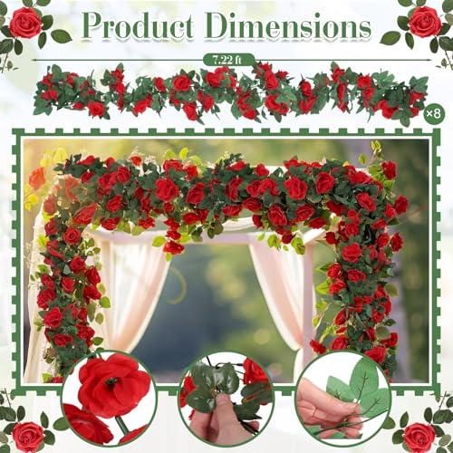 Suncalla 8 Pack 6.56ft Artificial Rose Flower Garland Silk Flocked Red Rose Garland Faux Eucalyptus Peony Flower Vine for Wedding Party Table Centerpiece Arch Background Decor(Eucalyptus)