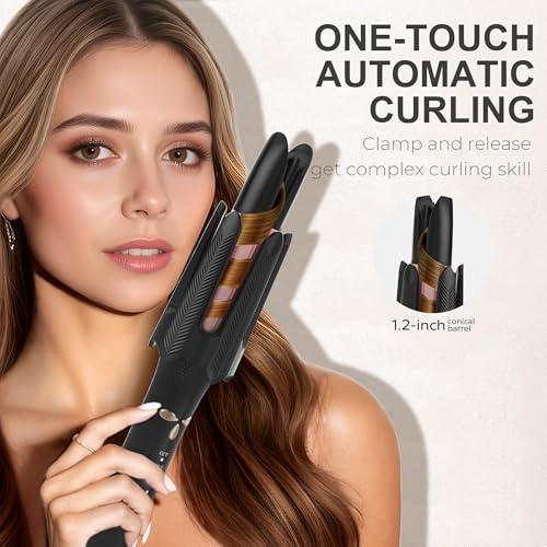 Auto Rotating Hair Curler - 4 Temperature and Timer Settings, Automatic Curling Iron with Automatic Shut-Off, Anti-Tangle and Scalding, Curling Wand for Long Lasting Curls (Black)