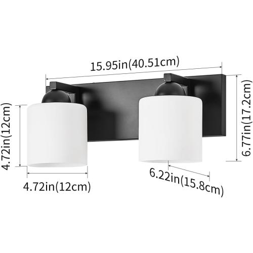 mirrea 2-Light Black Bathroom Vanity Light with White Glass Shades | Over Mirror,Wall Sconce,ETL listed,Bathroom Lighting Fixtures,Elegant Design,Milk White Glass Shade,Easy Installation