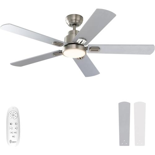 warmiplanet 52 Inch Indoor Ceiling Fans with Lights and Remote Control, 6 Speeds Slient Reversible DC Motor, 3 Color Dimmable LED Light, Timer, Brushed Nickel, 5 Blades
