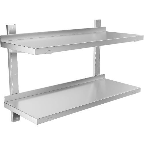 Stainless Steel Shelf, 31.5 x 12.6 Commercial Floating Wall Shelf with Brackets, 110Lbs Capacity, Adjustable Double-Layer Metal Heavy Duty Storage Rack for Restaurant, Kitchen Bar Home Hotel