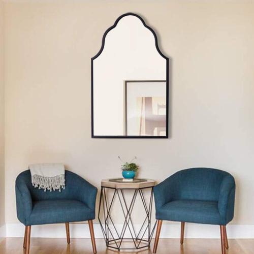 Chende Black Bathroom Mirror for Over Sink, 32X20 Arched Mirrors with Scalloped Wooden Frame, Elegant Decorative Mirror for Living Room, Dining Room, Entryway