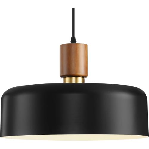 Eustace Large Black Pendant Light, 15.8 Oversized Ceiling Lamp with Oak Wood & Brass