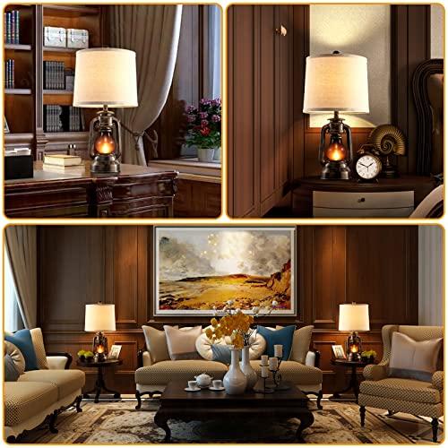 RORIANO Farmhouse Lantern Table Lamps for Living Room Set of 2, Vintage Bedroom Resin Lamp with Dual USB Charging Ports, Rustic Retro Bedside Nightstand Desk Lamp, 4 Bulb Included
