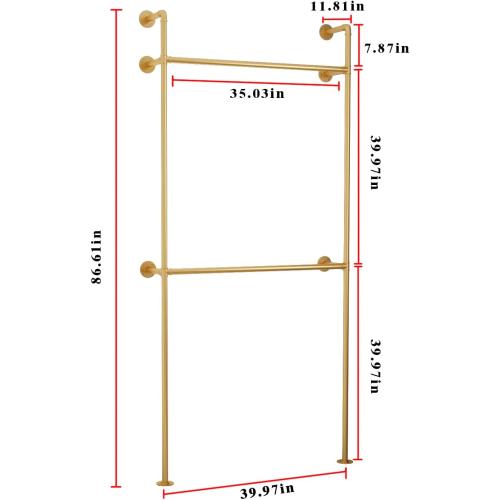 ORSENIGO Industrial Pipe Clothing Rack, Heavy Duty Metal Clothes Rack with Double Rods for Hanging Clothes, Wall Mount Space-Saving Garment Display Rack (Single, Gold)
