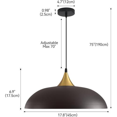 Eustace Oversized 17.8 Gold Accent Pendant Light, Farmhouse Hanging Lamp | Oversized 17.8 Dome pendant light and matte gold interior, adjustable height 10-75 for kitchen island, dining table