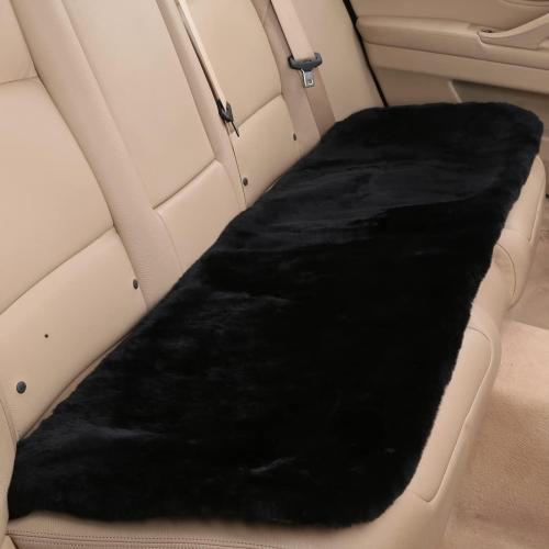 OGLAND Fuzzy Genuine Sheepskin Car Rear Seat Cover for Kids Dogs Pets Auto Bench Back Cushion Interior Accessories with Soft Fluffy Wool Natural Fur, Black