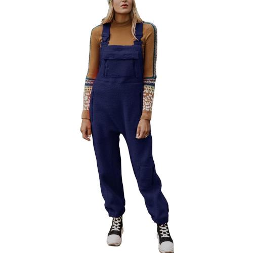 VECVOC Women's Winter Fleece Warm Overalls Casual Adjustable Strap Sleeveless Loose Jumpsuits with Pockets,Blue,S