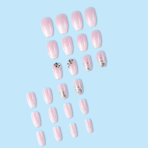 Medium Coffin Press On Nails Crystal Gem Design Fake Nails Acrylic Gradient Bling False Nails Reusable Ballerina Stick On Nails for Women and Girls （24 PCS）