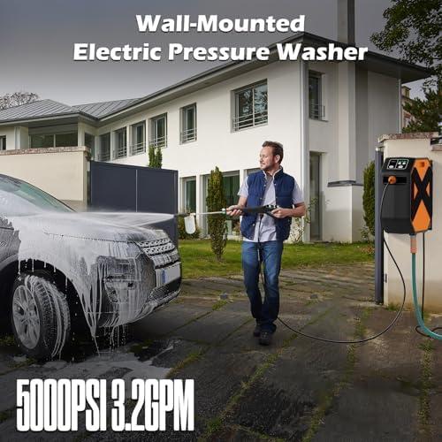 GFCI Wall Mounted Pressure Washer with 100FT Retractable Hose, 5-Stage Adjustable Pressure, Foam Cannon & 5 Nozzles for Car, Lane, Patio Cleaning