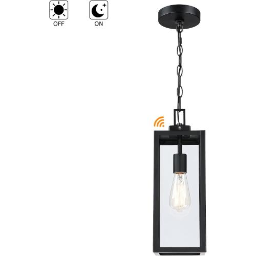 17 Inch Outdoor Pendant Light Dusk to Dawn, Sensor Hanging Light for Porch Entrance Lantern, Metal and Glass Photocell Exterior Hanging Lantern for Front Door Patio Pendant,E26