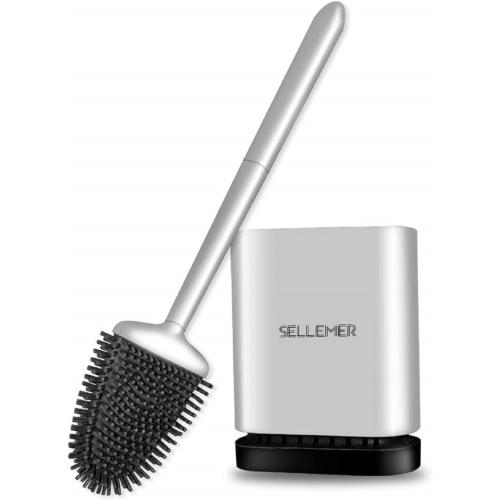Sellemer Toilet Brush and Holder Set - Flexible Toilet Bowl Brush Head with Silicone Bristles, Compact Size for Storage and Organization, Ventilation Slots Base (1 Pack, Silver)